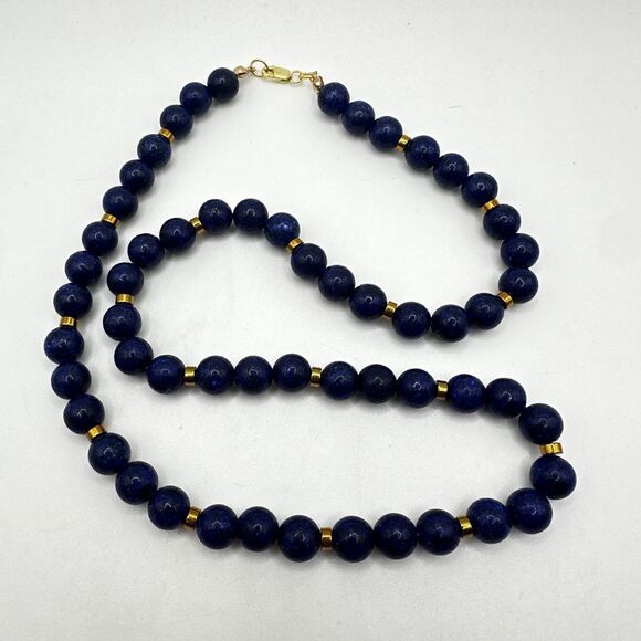 20" Revived 8mm beaded lapis lazuli necklace with gold tone accents, 925 clasp! - Picture 5 of 12